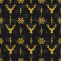 Vector seamless Christmas pattern with golden christmas deers and snowflakes on black background. Royalty Free Stock Photo